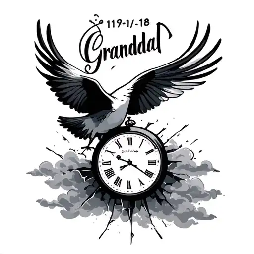 "Grandad 11/9/18" broken clock dove clouds fading tattoo design idea