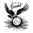 "Grandad 11/9/18" broken clock dove clouds fading tattoo design idea