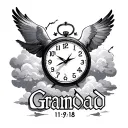 "Grandad 11/9/18" broken clock dove clouds fading tattoo design idea
