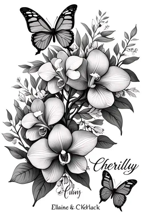 flowers, orchids, butterflies surrounding with the name elaine and cherilyn  tattoo design idea