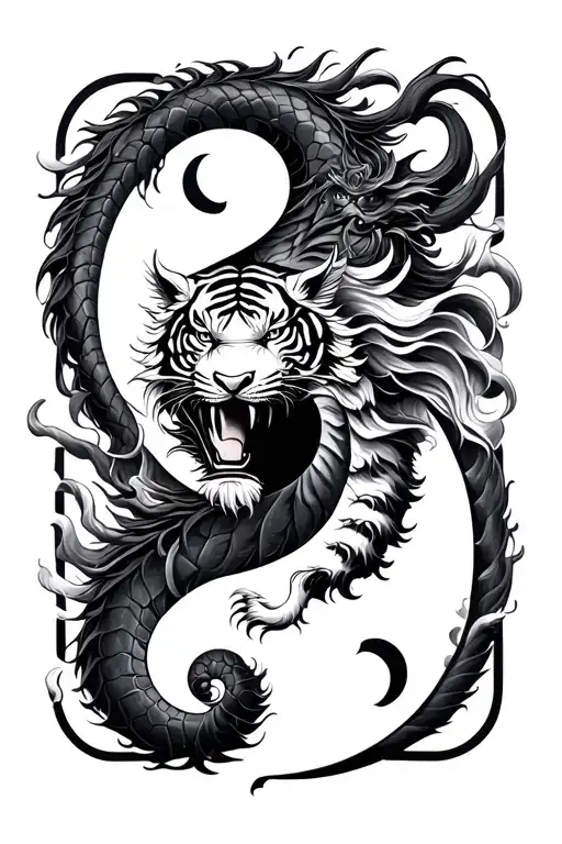Yin Yang dragon and tiger surrounded tattoo design idea