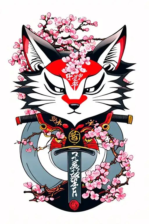 a cherry blossom tree with a kitsune mask and a katana tattoo design idea