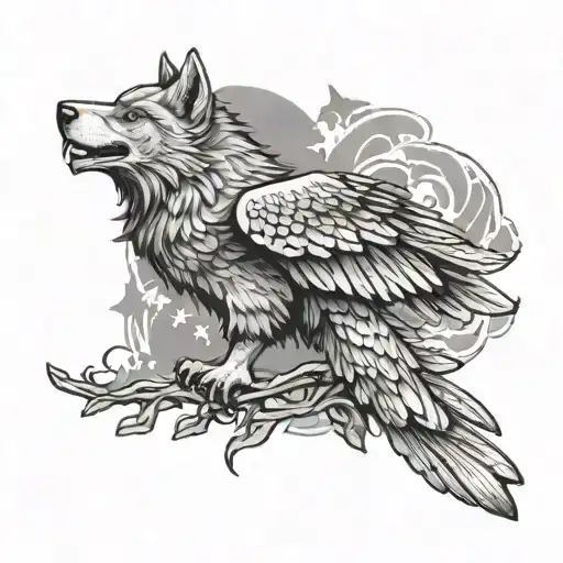 combining wolf and eagle  tattoo design idea
