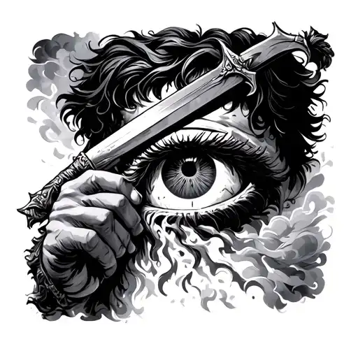 black and gray illustration of the blinding of samson getting his eye gouged with a dagger tattoo design idea