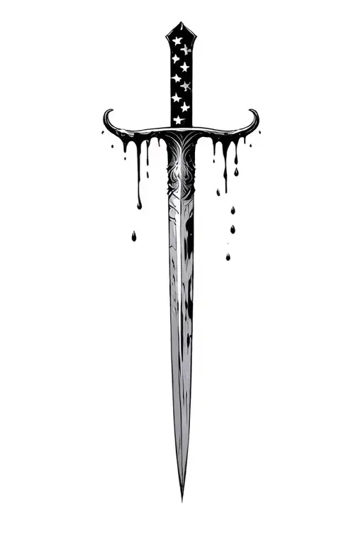 upward hilt blood dripping and tattered usa flag and sharp long blade tattoo design idea