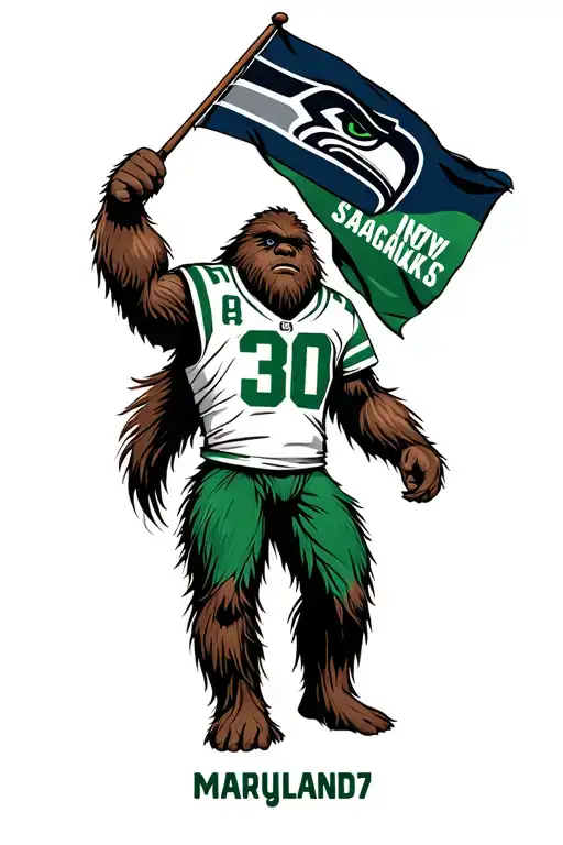 "#307" Sasquatch wearing a seahawks jersey holding the marlyand flag tattoo design idea