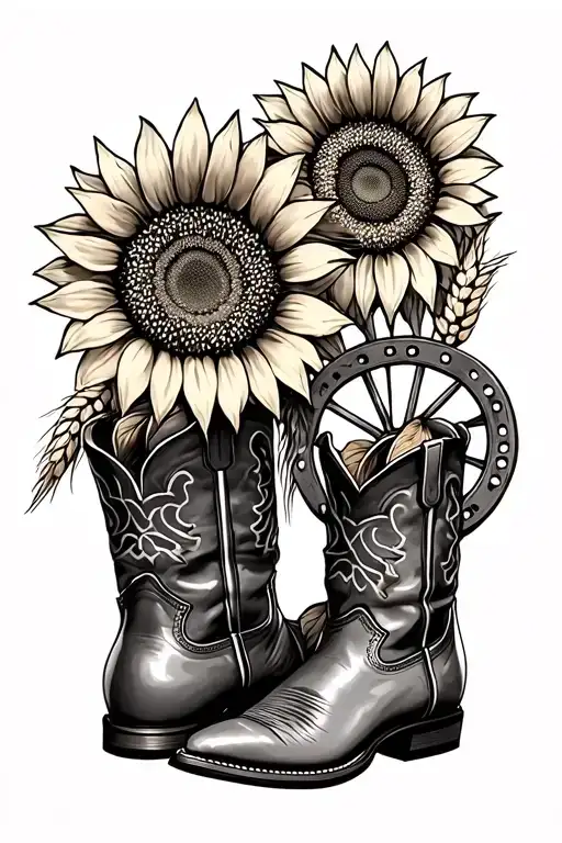 sunflowers, wagon wheel, cowboy boots, horseshoe, wheat tattoo design idea