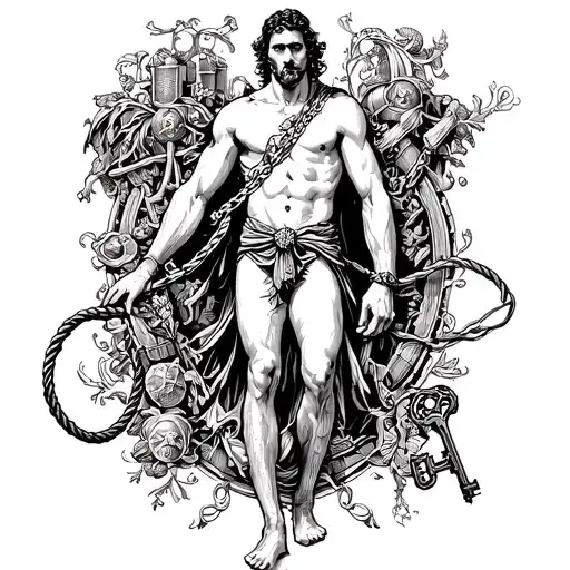 A powerful male Dom figure with a whip and a key, surrounded by elements of bondage and control and a dungeon, masculine tattoo design idea