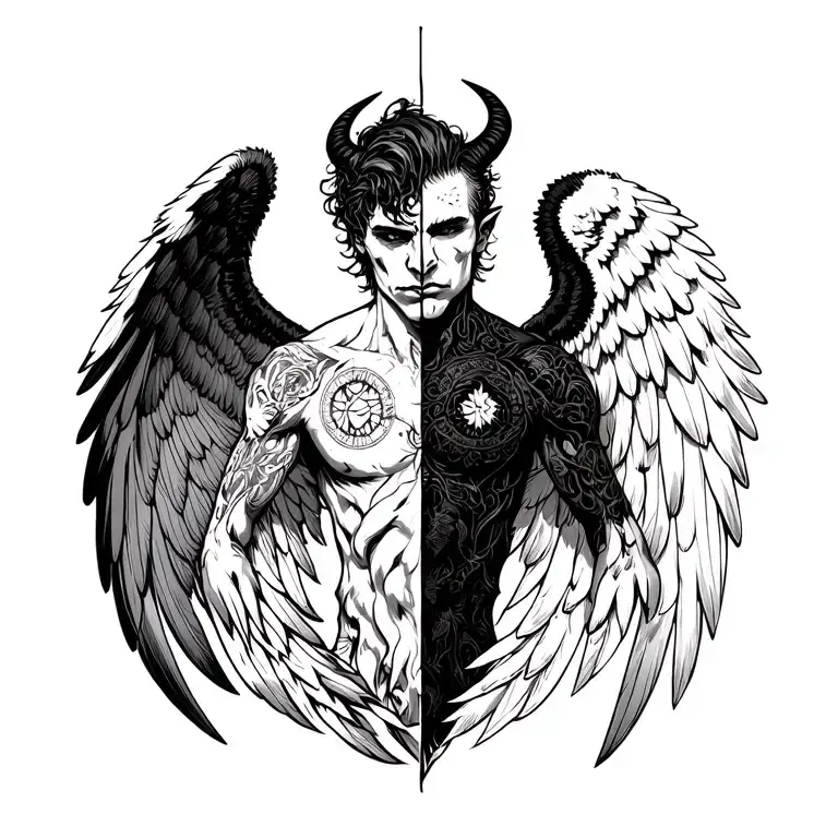 Person Moiet Demon and Half Angel or Long Way well the difference on his face and his big wings tattoo design idea