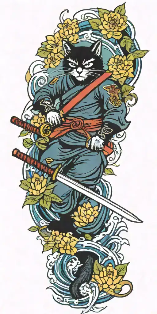 ninja cat holding katana sword, tail, water, waves, lotus, sakura, clouds, whirlpool, leaves, peony tattoo design idea