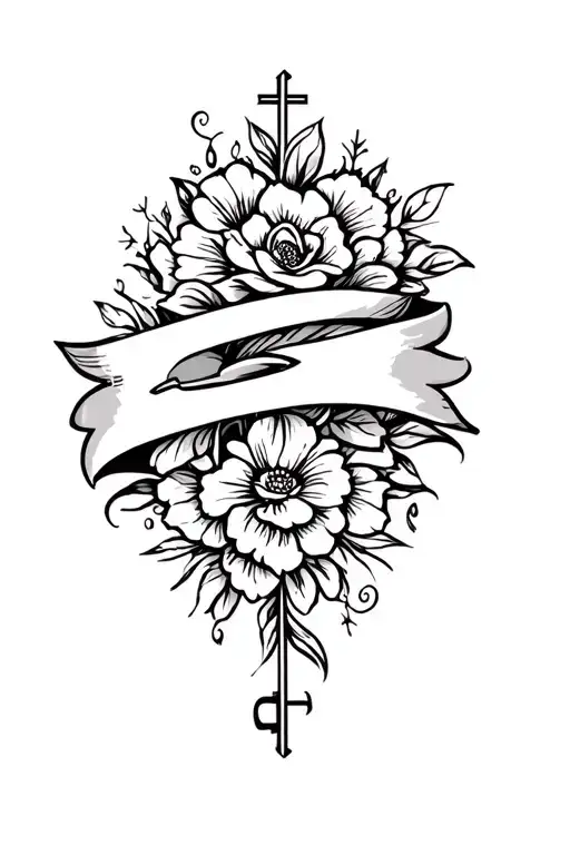 The tattoo is a memorial banner, flowing and elegant, with key elements evenly spaced. The design should feel balanced a tattoo design idea
