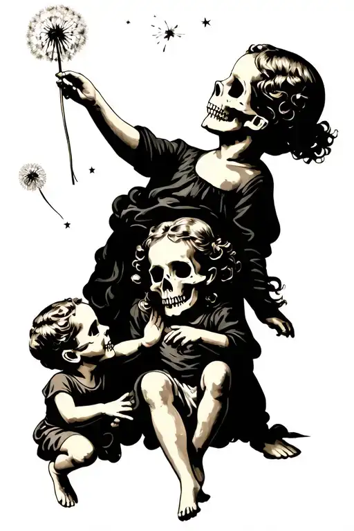 3 skull children oldest boy blowing a dandelion middle aged girl reaching for the stars and youngest boy chasing a butte tattoo design idea