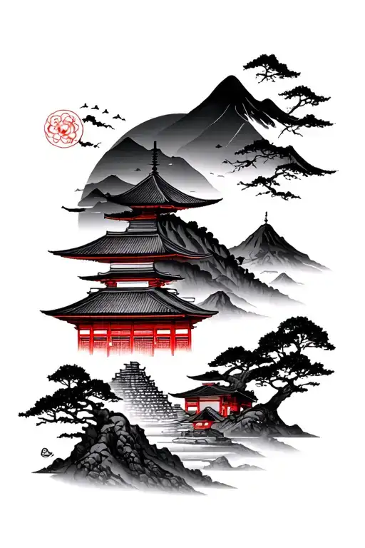 Japanese temple and mountain scene tattoo design idea