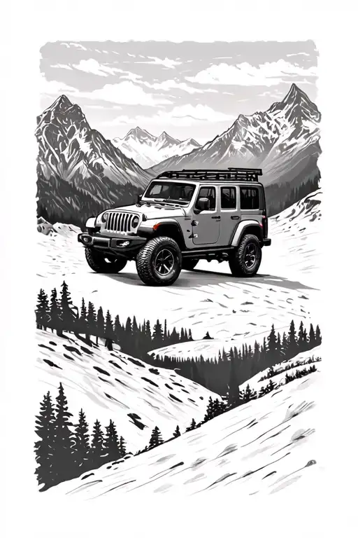 Jeep and a mountain scene tattoo design idea