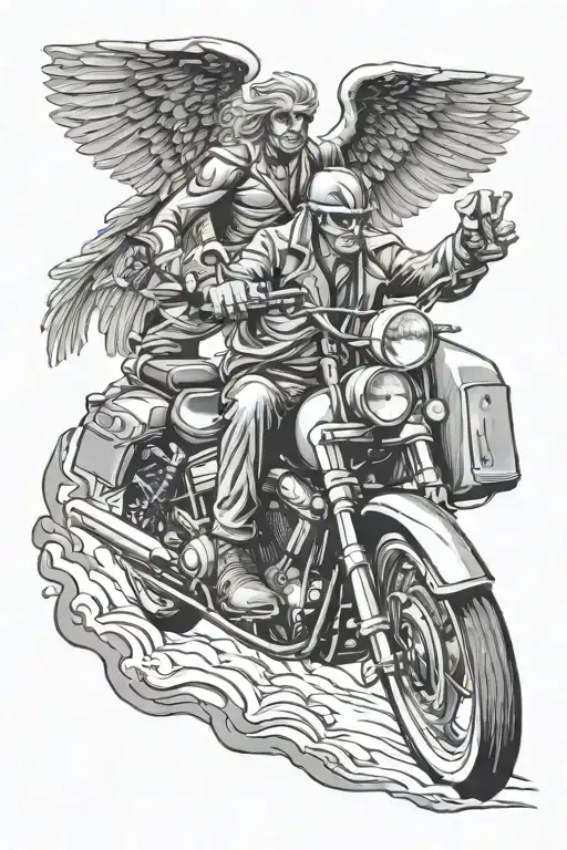 Guardian angel biker riding with the other biker on a motorcycle  tattoo design idea
