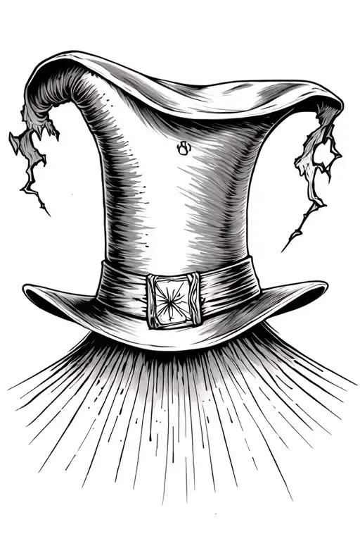 Magician hat with some scars, looking down, with a web, the edges a little broken tattoo design idea