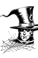 Magician hat with some scars, looking down, with a web, the edges a little broken tattoo design idea