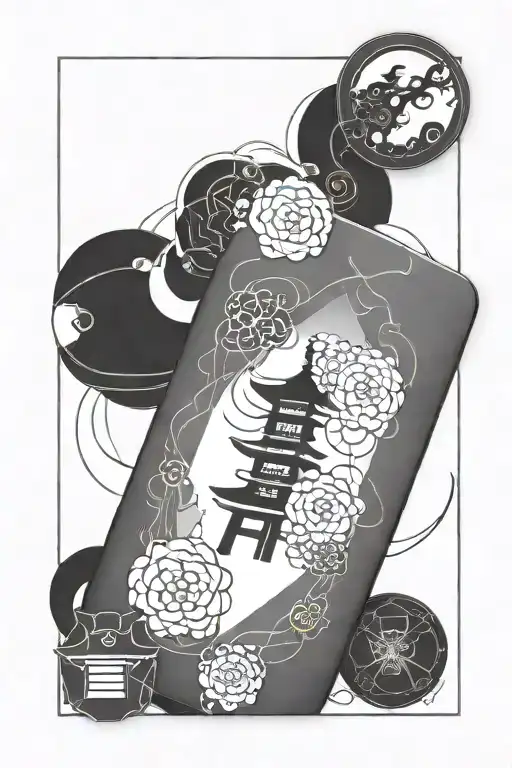 the tip of a japanese pagoda exiting third dimension perspective from one single rectangual japanese blank omamori charm tattoo design idea