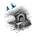 fairy garden, willow tree, blue bird, fairy door, footprints, pebbles, river, vines tattoo design idea