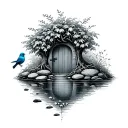 fairy garden, willow tree, blue bird, fairy door, footprints, pebbles, river, vines tattoo design idea