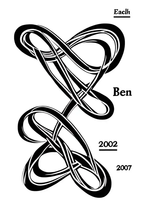 An elegant infinity symbol with three loops:	Each loop holds one name, Ben 	Years 2002 and 2007 are woven into the curve tattoo design idea