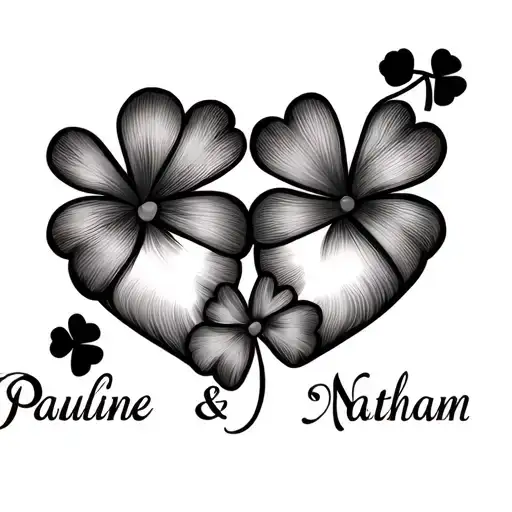 the first names of my children Pauline & Nathan with 4-leaf clovers and Breton-style hearts tattoo design idea