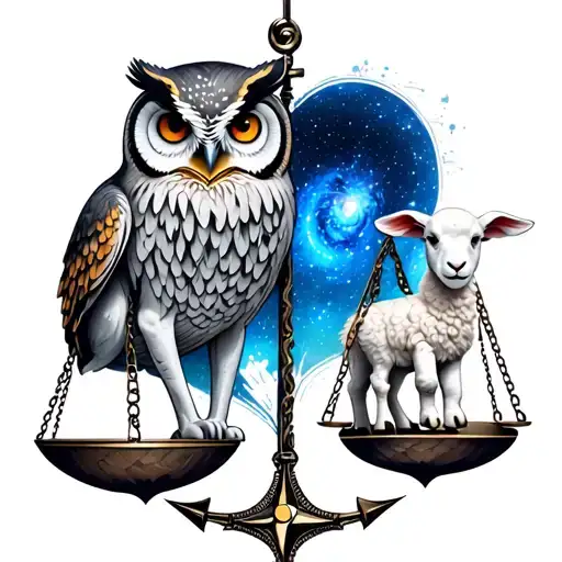 Owl , Lion and, Lamb. Anchor and compass, scale balancing heart and brain. Background is Galaxy and Universe  tattoo design idea