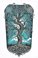 thunderstorms and blizzards swirling around the tree of life tattoo design idea