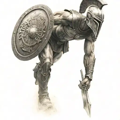 a spartan soldier top half male warrior walking to battle shield in view  tattoo design idea