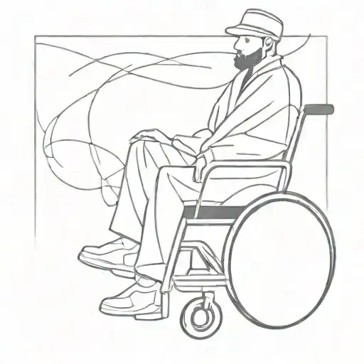 Abstract man with a robe of a cap sitting on a wheelchair.  Black and white and minimalistic but exciting painting tattoo design idea