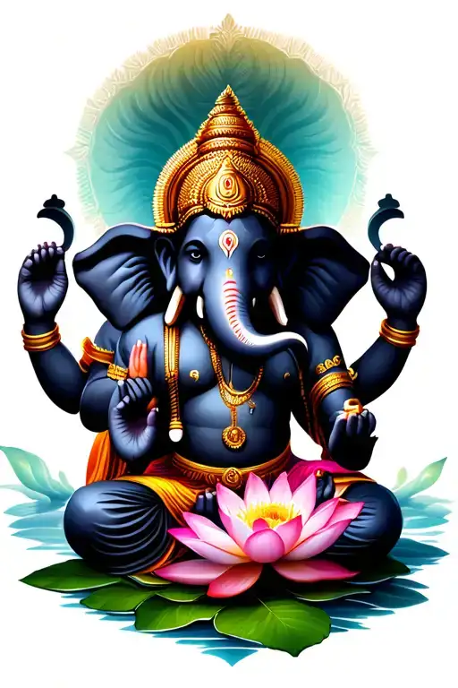 Ganesh god with a lotus flower, an ankush and his vahana tattoo design idea