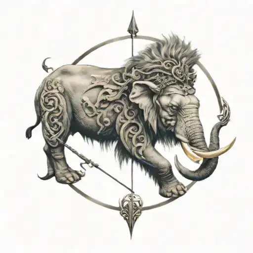 elephant walking, bow and arrow, wings, lion head, medusa, mountains,  tattoo design idea