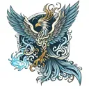 Phoenix template with blue flames and white label tattoo design idea