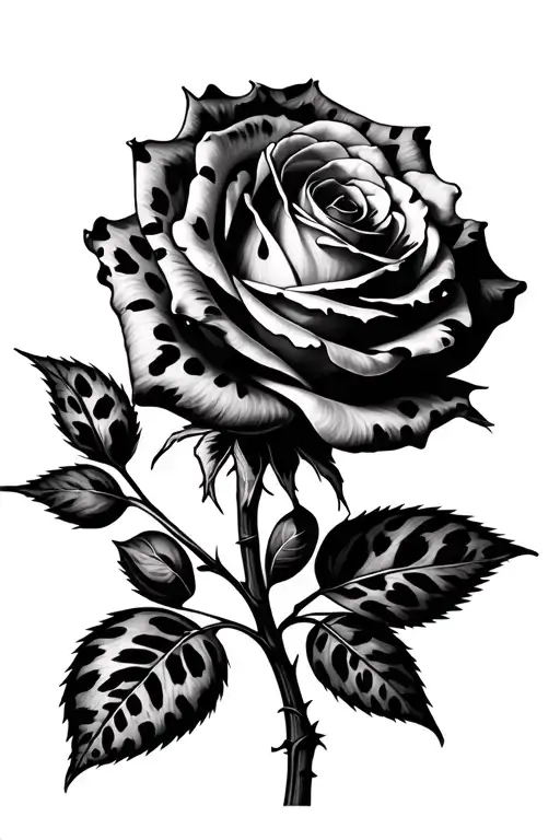 photo realistic rose with cheetah print and stem tattoo design idea