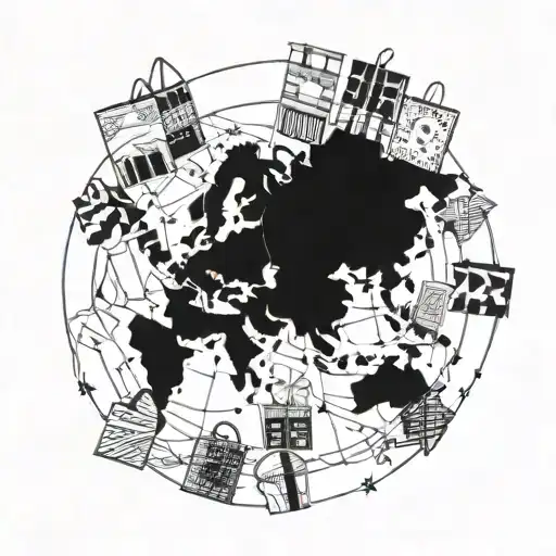 A blackwork tattoo of a map of the world with shopping bags as markers for favorite shopping destinations tattoo design idea