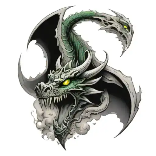 a black dragon with green eyes emerging from a cave with smoke on it tattoo design idea