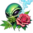 alien smoking weed with rose blooming tattoo design idea