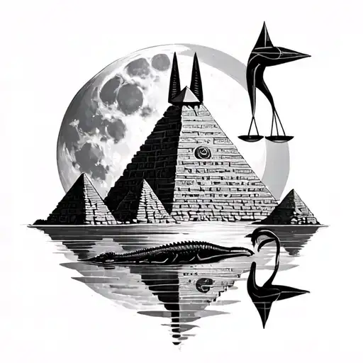 Anubis with Libra, Pyramids, Moon, Lake and Crocodile, Ibis, Ibis, tattoo design idea