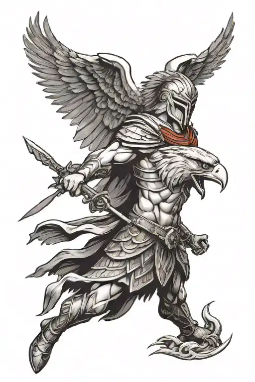 red lighting on the background, spartan warrior and a eagle in front tattoo design idea