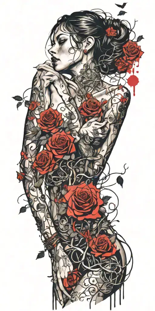 girl naked, broken chains, tree roots, roses tattoo design idea