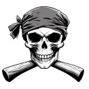 biker skull wearing a bandana with skeleton hands holding two crossed wooden baseball bats in the background tattoo design idea