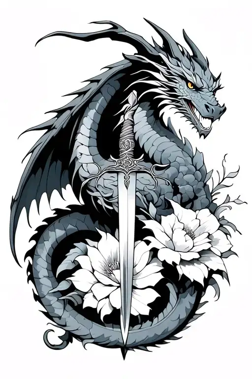 dragon with open wings sword and war flower intertwined tattoo design idea