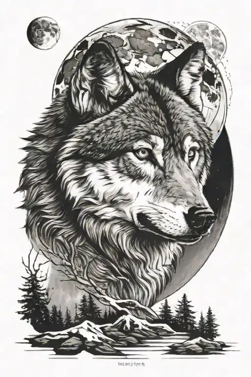 A wolf with a full moon tattoo design idea