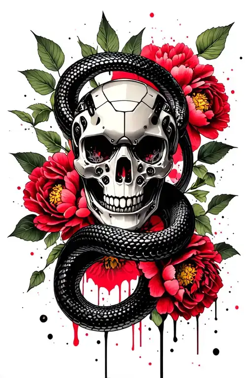 robot skull, snake wraps the skull, in the background leaves and flowers of peonies tattoo design idea