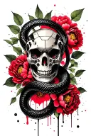 robot skull, snake wraps the skull, in the background leaves and flowers of peonies tattoo design idea