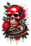 robot skull, snake wraps the skull, in the background leaves and flowers of peonies tattoo design idea