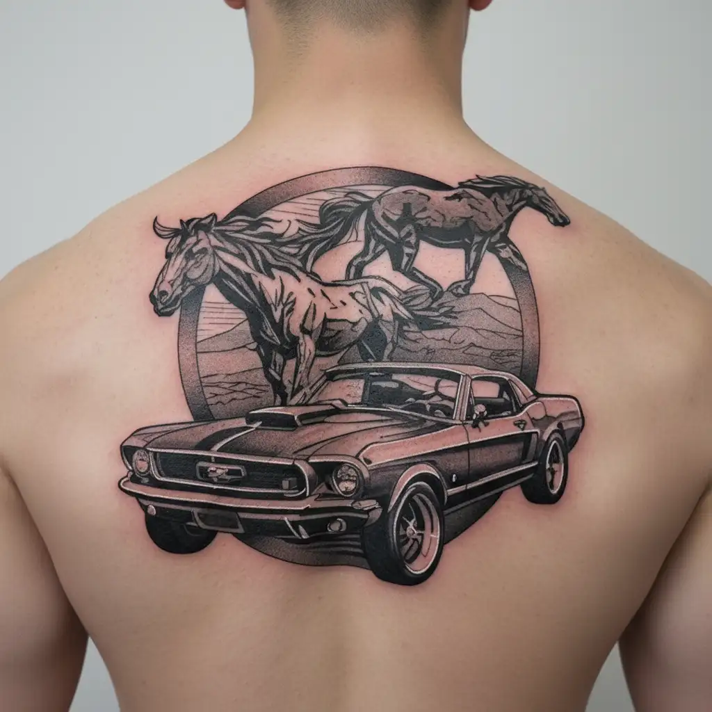 ford mustang driving in the desert movie frame   tattoo design idea