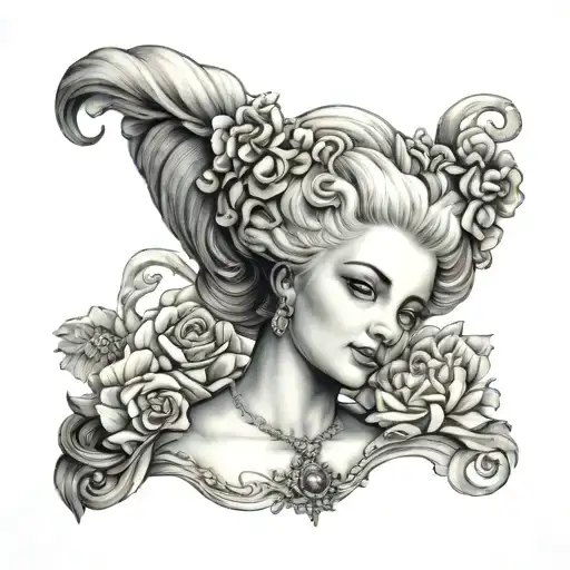 marie antoinette holding her chopped head on her arms like paris olympics ceremony tattoo design idea