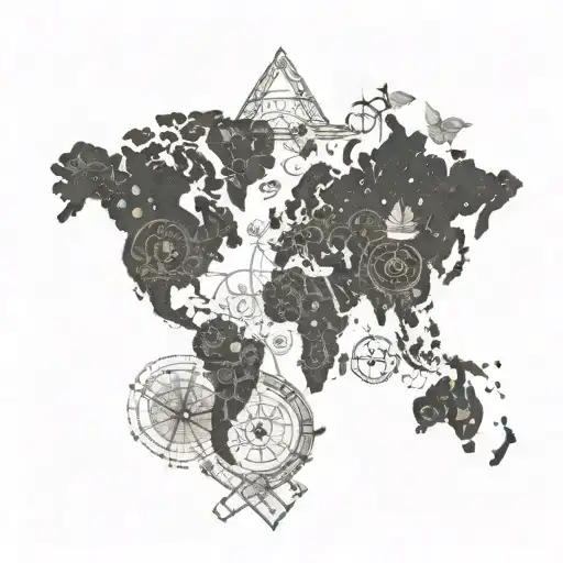 A map of the world with Viking runes and floral accents, representing a love for travel and history tattoo design idea