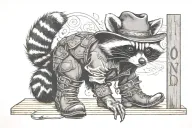a raccoon wearing cowboy boots and looking seductively. include the words "honey" and "don't stop"  tattoo design idea